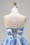 White Blue Flower A Line Strapless Tiered Corset Cocktail Dress with Lace Up Back