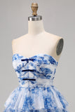 White Blue Flower A Line Strapless Tiered Corset Cocktail Dress with Lace Up Back