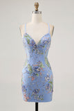 Bodycon Short Floral Peacock Cocktail Dress with Sequins