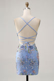 Bodycon Short Floral Peacock Cocktail Dress with Sequins