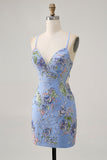 Bodycon Short Floral Peacock Cocktail Dress with Sequins