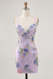 Bodycon Short Floral Peacock Cocktail Dress with Sequins