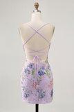 Bodycon Short Floral Peacock Cocktail Dress with Sequins