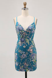 Bodycon Short Floral Peacock Cocktail Dress with Sequins