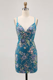 Bodycon Short Floral Peacock Cocktail Dress with Sequins