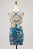 Bodycon Short Floral Peacock Cocktail Dress with Sequins