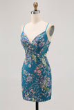 Bodycon Short Floral Peacock Cocktail Dress with Sequins