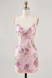 Bodycon Short Floral Peacock Cocktail Dress with Sequins