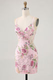 Bodycon Short Floral Peacock Cocktail Dress with Sequins