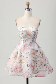 Sparkly A-Line Strapless Floral Short Prom Dress with Sequins