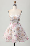 Sparkly A-Line Strapless Floral Short Prom Dress with Sequins