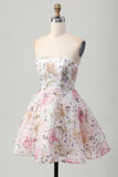 Sparkly A-Line Strapless Floral Short Prom Dress with Sequins