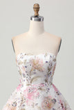 Sparkly A-Line Strapless Floral Short Prom Dress with Sequins
