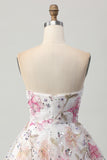 Sparkly A-Line Strapless Floral Short Prom Dress with Sequins