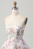 Sparkly A-Line Strapless Floral Short Prom Dress with Sequins