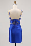 Royal Blue Sheer Corset Pleated Tight Short Prom Dress with Slit