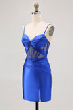 Royal Blue Sheer Corset Pleated Tight Short Prom Dress with Slit