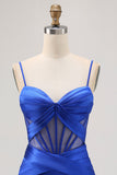 Royal Blue Sheer Corset Pleated Tight Short Prom Dress with Slit