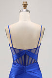 Royal Blue Sheer Corset Pleated Tight Short Prom Dress with Slit