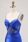 Royal Blue Sheer Corset Pleated Tight Short Prom Dress with Slit