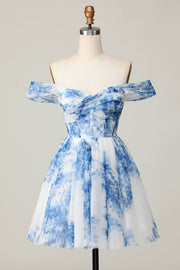 White Blue Flower Off the Shoulder A Line Short Prom Dress