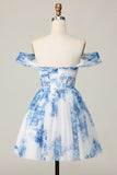 White Blue Flower Off the Shoulder A Line Short Prom Dress
