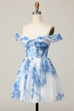 White Blue Flower Off the Shoulder A Line Short Prom Dress