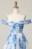 White Blue Flower Off the Shoulder A Line Short Prom Dress