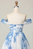 White Blue Flower Off the Shoulder A Line Short Prom Dress