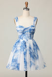 White Blue Flower Off the Shoulder A Line Short Prom Dress