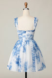 White Blue Flower Off the Shoulder A Line Short Prom Dress