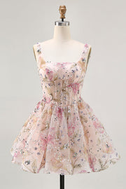 Sparkly Floral A-line Square Neck Sequins Short Prom Dress with Lace Up Back
