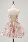 Sparkly Floral A-line Square Neck Sequins Short Prom Dress with Lace Up Back