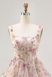Sparkly Floral A-line Square Neck Sequins Short Prom Dress with Lace Up Back
