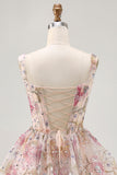 Sparkly Floral A-line Square Neck Sequins Short Prom Dress with Lace Up Back