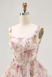 Sparkly Floral A-line Square Neck Sequins Short Prom Dress with Lace Up Back