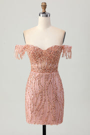 Dusty Rose Bodycon Off The Shoulder Corset Short Prom Dress with Beading
