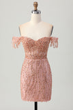 Dusty Rose Bodycon Off The Shoulder Corset Short Prom Dress with Beading
