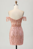 Dusty Rose Bodycon Off The Shoulder Corset Short Prom Dress with Beading