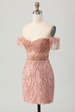 Dusty Rose Bodycon Off The Shoulder Corset Short Prom Dress with Beading