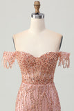 Dusty Rose Bodycon Off The Shoulder Corset Short Prom Dress with Beading
