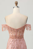 Dusty Rose Bodycon Off The Shoulder Corset Short Prom Dress with Beading