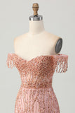 Dusty Rose Bodycon Off The Shoulder Corset Short Prom Dress with Beading