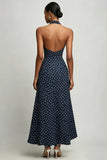 Navy A-Line Halter White Polka Dots Dress with Slit