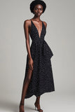 Black Deep V Neck Midi White Polka Dots Summer Cocktail Dress with Slit