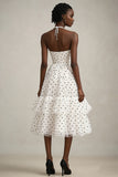 Halter A-Line Ruffle White Black Polka Dots Dress