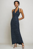 Halter Navy Sheath Long White Polka Dots Dress