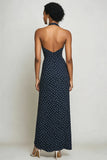 Halter Navy Sheath Long White Polka Dots Dress