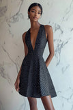 A Line Halter V Neck Mini Black White Polka Dots Dress