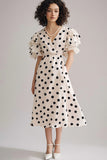 Ivory Black Dot A Line V Neck Cocktail Dress with Short Sleeves